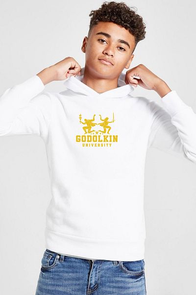 Tshirthane Детски суитшърт с качулка и лого на университета „Ген. В. Годолкин“ в бял цвят