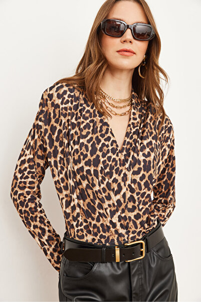 Olalook Women's Leopard Stone Double Breasted Shoulder Drape Detailed Bodysuit with Six Snaps Bdy- 00000052