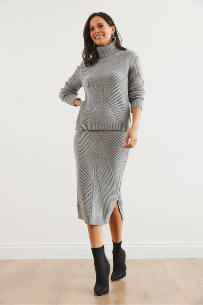 Olalook Women's Gray Geometric Textured Skirted Knitwear Set Tkm- 19000325