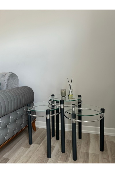 TOLUNAY Yonca Zigon Sehpa Ahşap ve Metal Şeffaf Cam Antrasit Gri