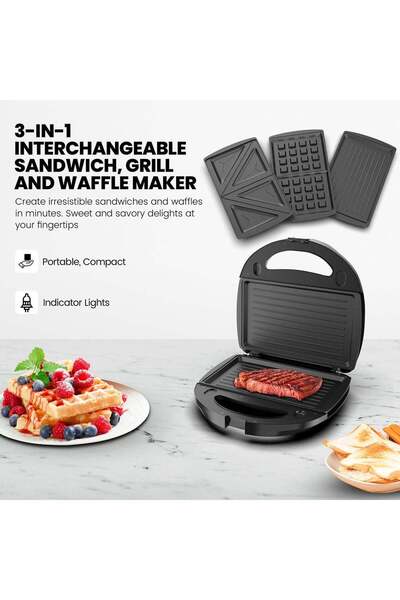 Nikai صانعة الساندويتشات مع 3 أطباق قابلة للفصل 750 واط NGT323D أسود