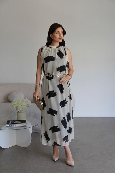 Julidress Ecru Contrast Patterned Halter Lined Long Premium Chiffon Dress