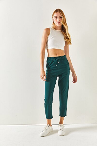 Olalook Kadın Zümrüt Yeşili Beli Lastikli Cepli Havuç Pantolon PNT-19000203