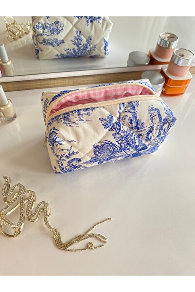 1çokşey حقيبة مكياج بنمط تولي من الفلاحين الفرنسيين باللون الأزرق العتيق