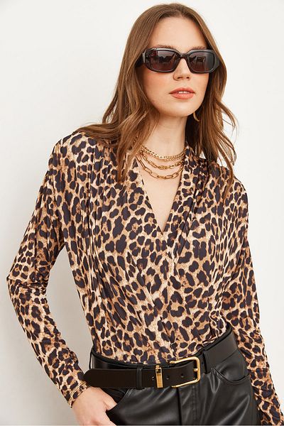 Olalook Damen-Body mit Leoparden-Stein, zweireihig, Schulter-Drapierung, detailliert, mit sechs Druckknöpfen, BDY- 00000052