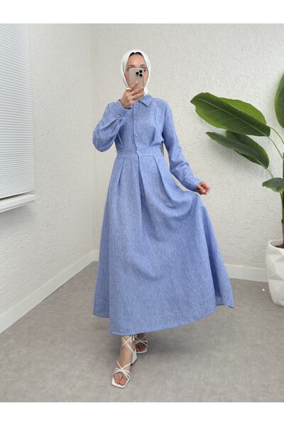 Modamorfo Half Buttoned Linen Dress with Elastic Waist - Blue