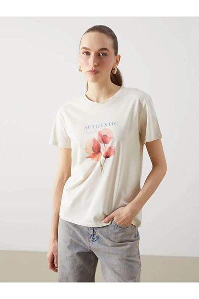 LC Waikiki Lcwaikiki Classic Beige Crew Neck Floral Combed Cotton Women's T-Shirt
