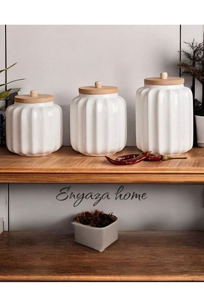 Lizzy Triple bamboo lid porcelain tea, sugar, salt, coffee jar storage container