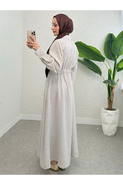 Modamorfo Half Buttoned Linen Dress with Elastic Waist - Stone
