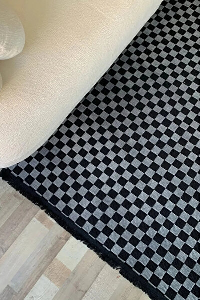 Serteks Akça Dama Desenli Yıkanabilir Dokuma Kaymaz Taban Halı Yolluk Kilim A...