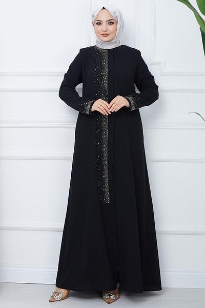 hafsamina Işıl Stone Detailed Large Size Ferace Black HM2351