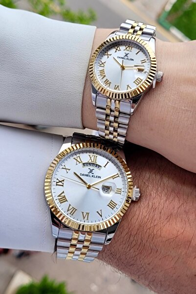 Daniel Klein Sarı Gümüş Renk Takvim ve Gün Fonksiyonlu 24 Ay Garantili Sevgili Çift Kol Saati