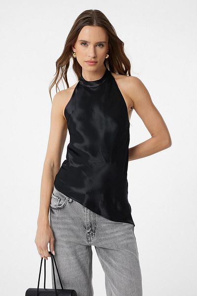 Antioch Black Asymmetrical Satin Backless Women's Ball