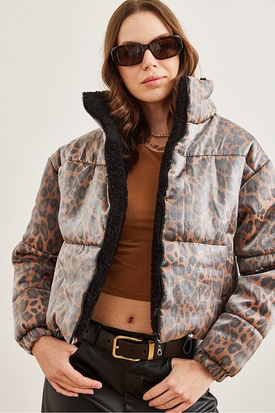 Olalook Women's Coffee Leopard Print Shiny Puffer Jacket with Pockets Mnt- 19000046