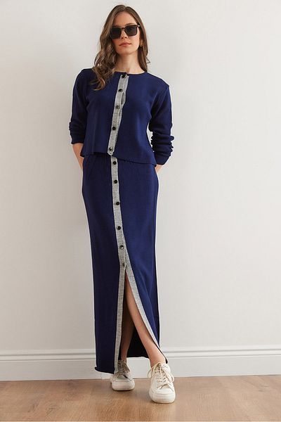Olalook Women's Navy Blue Top Cardigan Bottom Buttoned Skirt Knitwear Suit Tkm- 19000344