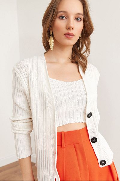 Olalook Cardigan alb pentru femei, cu bustieră, costum din bumbac HRK- 19000345