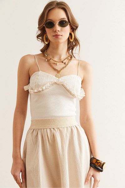 Olalook Ecru Linen Detailed Flexibilní žebrované dámské body - BDY- 00000054