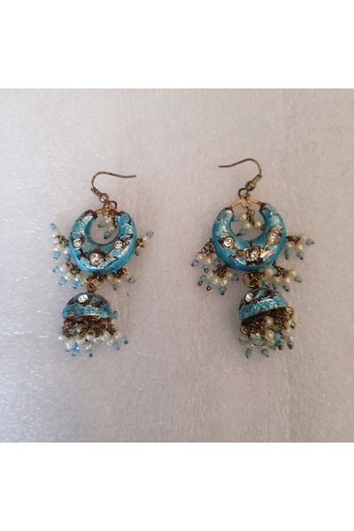 Butik Tülin Authentic Handmade Ceramic Blue Bright Stone Pearl Bead Dangle Earrings 5.5X2.2 cm Indian Made