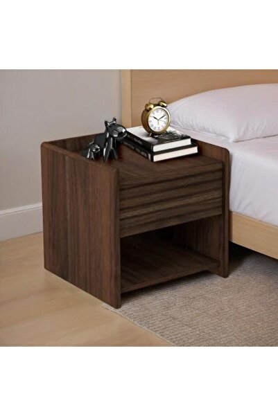 BAITY طاولة بجانب السرير - خشب ماليزي مع درج ورف، بني غامق