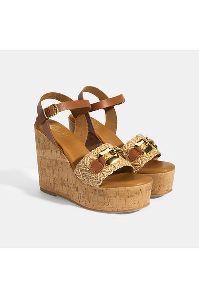 Desa Women's Brown Buckle Accessory Leather Detailed Wedge Heeled Sandals