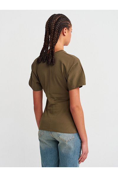 Dilvin 31585 Drape Detailed T-Shirt-Khaki