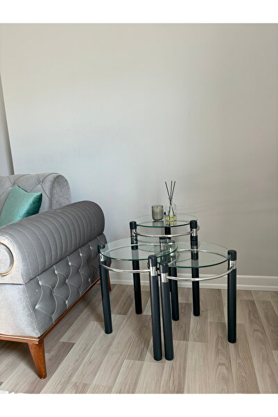 TOLUNAY Yonca Zigon Sehpa Ahşap ve Metal Şeffaf Cam Antrasit Gri