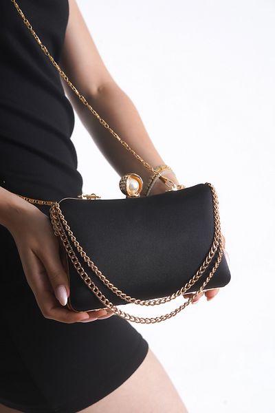 GUİZA Evening Dress Bag Pearl Headpiece Crystal Rhinestone Evening Dress Bag with Chain and Armlets Satin