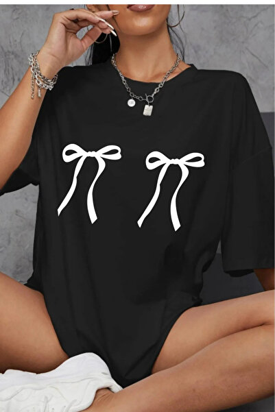 Revasser Unisex Erkek/Kadın KURDELE Renkli Özel Baskılı Oversize Pamuklu Bisiklet Yaka T-Shirt Tişört