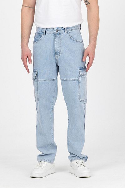 DAMGA JEANS Men's Jeans Wide Leg Cargo Pocket Ice Blue Baggy Trousers