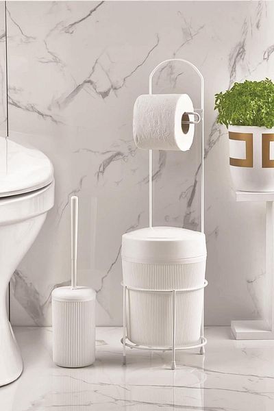 AC BOX White Bathroom Set with Metal Stand, Round Bucket & Paper Holder & Brush Holder