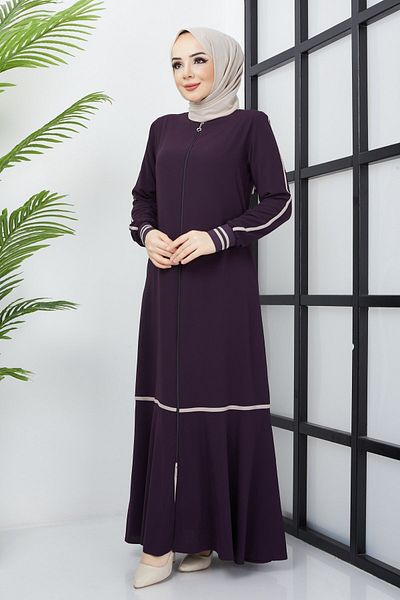hafsamina Plum Abaya με λεπτομέρεια ρίγες
