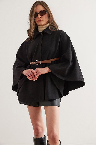 Olalook Dámské černé páskové kašmírové pončo Cardigan Hrk- 19000339