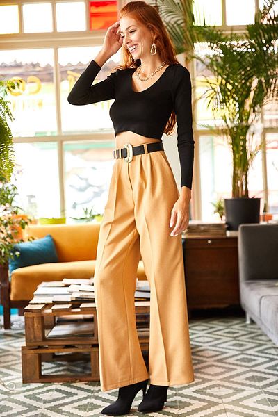 Olalook Γυναικείο παντελόνι Palazzo με πλισέ τσέπη Camel PNT-19000137