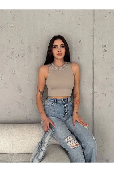 ECENAZELA Ribbed Camisole Collar Chain Tank Top Mink