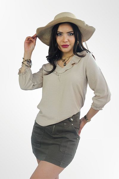 Kübra Tekstil Women S Beige Stylish Relaxed Fit Long Sleeve V-Neck Ruffled Blouse - for Casual and Office Combinations