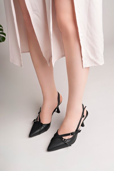 lady feet Women's Matte Black Leather Double Strap Buckle Detailed Stiletto Classic Heeled Shoes
