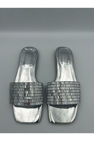 Ömer Ediz Shoes Karma Silver Stone Detailed Flat Slippers – Comfortable and Sparkling Summer Slide Slippers for Women