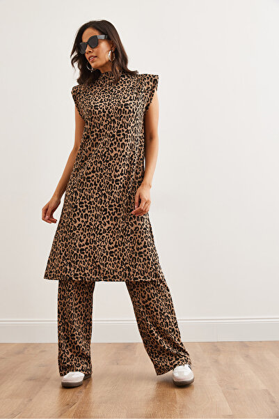Olalook Women's Beige Leopard Print Tunic and Palazzo Pants - Tkm- 19000336