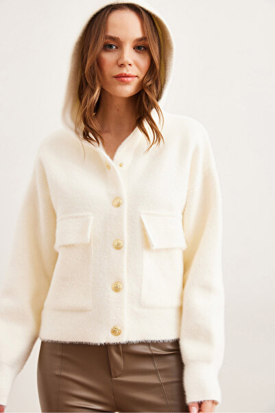 Olalook Kadın Ekru Kapüşonlu Cepli Yumuşak Dokulu Kalın Sakal Hırka HRK-19000325