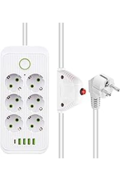 Mu Art Güncelçarşı 6-Plus Surge Protected Socket, 1.5 Meter Cable, 4 X Usb, 1 X Type-C Pd Input, Six Socket