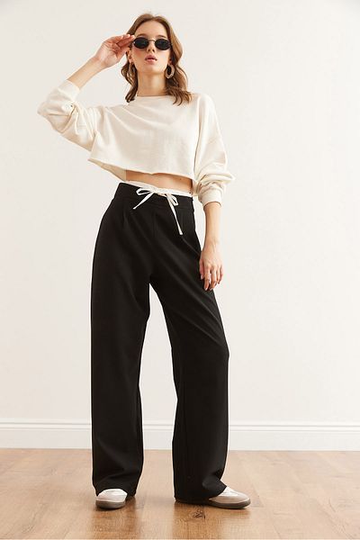 Olalook Women's Black Boxer Detailed Drawstring Palazzo Pants Pnt- 19000315