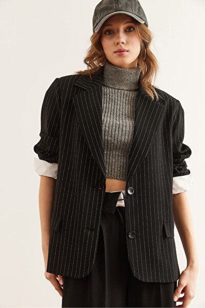 Olalook Жіночий чорний блейзер з манжетами, підкладкою та смужками CKT-19000428