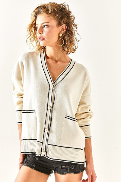 Olalook Women's Ecru Stripe Detailed Oversize Knitwear Cardigan with Pockets HRK-19000232