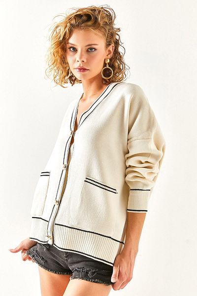 Olalook Women's Ecru Stripe Detailed Oversize Knitwear Cardigan with Pockets HRK-19000232