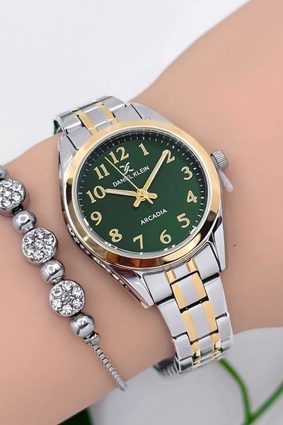 Daniel Klein Steel Cord Women Wrist Watch 3 Atm Water Resistant Silver-Gold-Green Zmdk1188