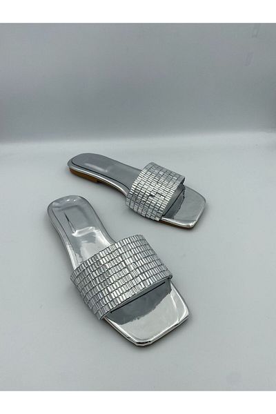 Ömer Ediz Shoes Karma Silver Stone Detailed Flat Slippers – Comfortable and Sparkling Summer Slide Slippers for Women