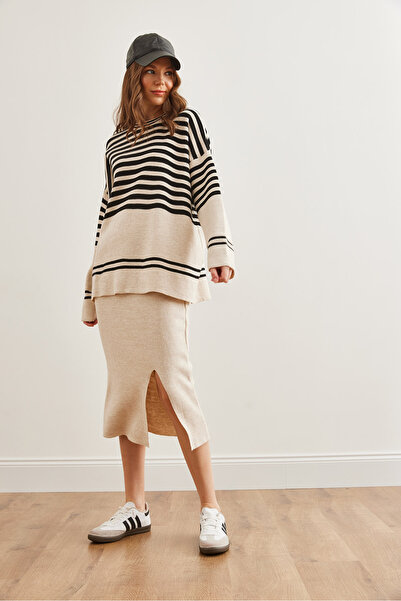 Olalook Kadın Taş Üst Kazak Alt Yırtmaçlı Etek Triko Takım TKM-19000321