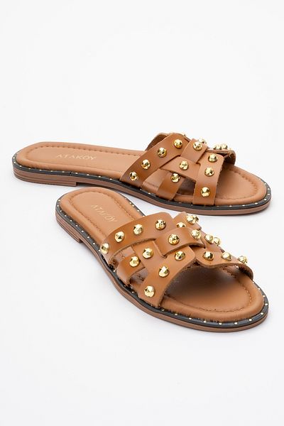 Ataköy Ayakkabı Women's Leather Staple Detail Slippers