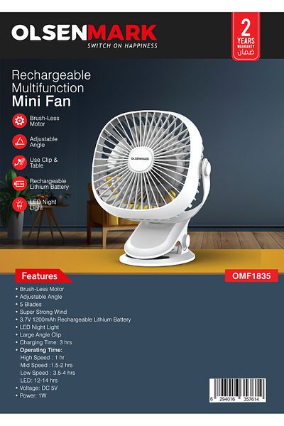 Olsenmark Rechargeable Multifunction Mini Fan 1w Omf1835 Table Fan