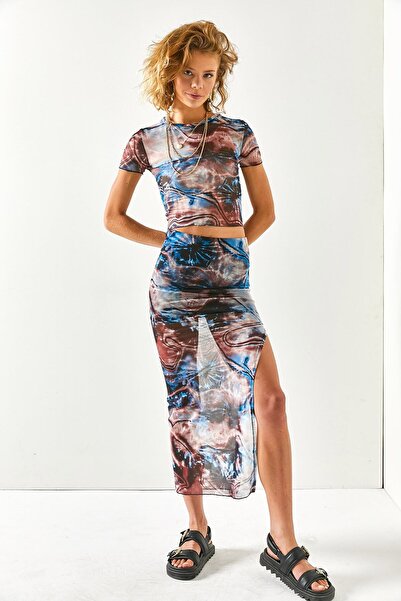 Olalook Női tarka felső átlátszó blúz alul bélelt szoknya tüll készlet TKM-19000219